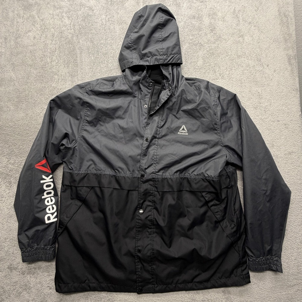 Reebok Jacket Mens 2XL Black Hooded Windbreaker Full Zip Mesh Lined Colorblock